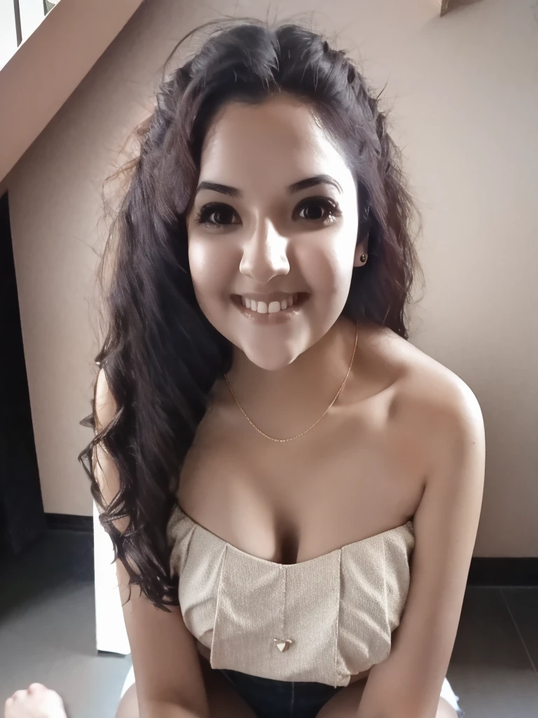 (From a birds-eye, above perspective), 1girl, high quality, high resolution, 4k, thin, 25 year old, solo, June, JuReis, wearing cute top, eyes looking up, lips, realistic, nose,  with camera, kneeling in a fitting room, looking seductively at viewer
