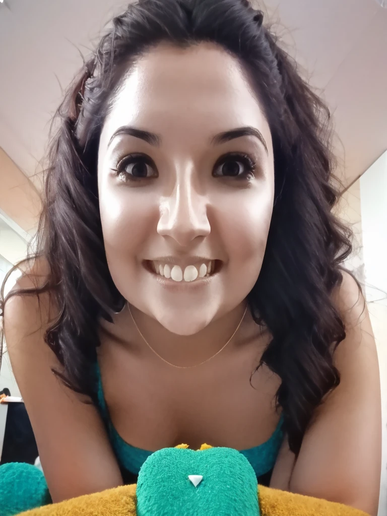 (From a birds-eye, above perspective), 1girl, high quality, high resolution, 4k, thin, 25 year old, solo, June, JuReis, wearing cute top, eyes looking up, lips, realistic, nose, flirting with camera, kneeling in a fitting room, looking seductively at viewer