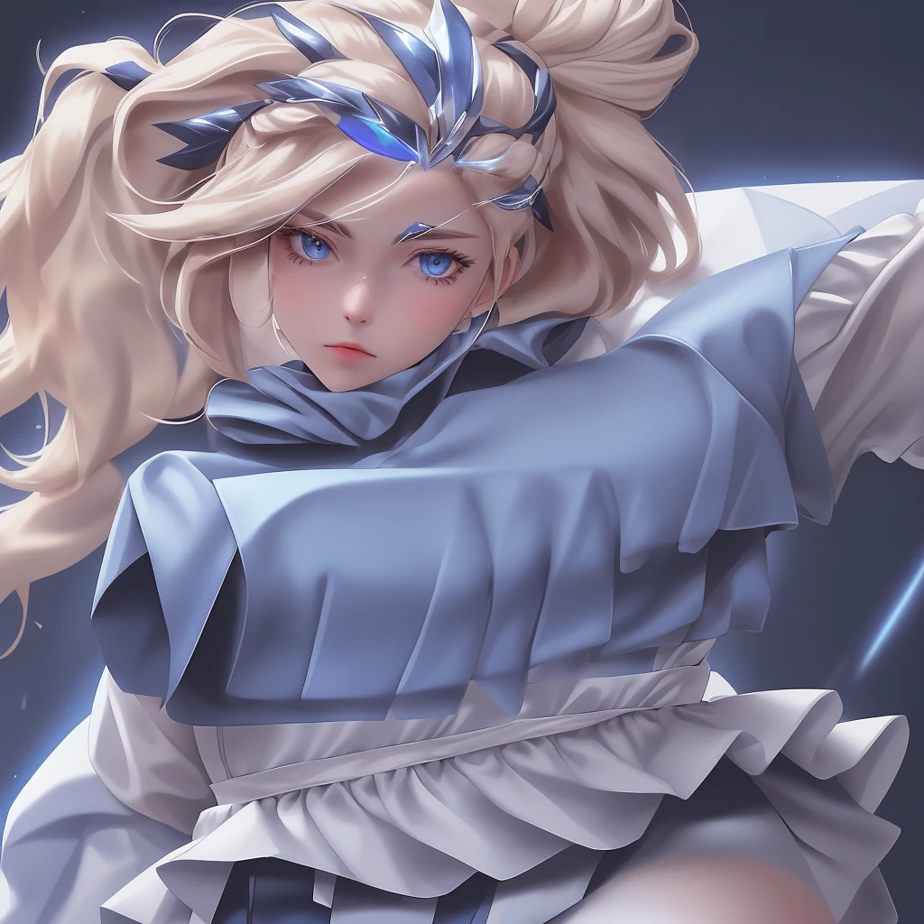 “Satellizer el Bridget from Freezing, a powerful and determined warrior with a commanding presence. She has long, flowing blonde hair that cascades down her back in waves, often tied back in a simple ribbon. Her eyes are a striking blue, reflecting her stoic and resolute nature.
She wears a battle-ready uniform that combines elements of armor and a school outfit. The uniform consists of a fitted white blouse with a dark blue tie and a pleated navy blue skirt. Over her blouse, she wears a form-fitting, armored corset that provides both protection and a sleek appearance. Her sleeves and gloves are reinforced, adding to her combat-ready look. She also wears knee-high boots that match her uniform.
Satellizer’s expression is serious and focused, with a hint of determination in her eyes. She carries herself with a sense of strength and confidence, always ready for battle. In her hands, she often wields a large, intricately designed weapon known as a Volt Weapon, which she handles with remarkable skill and precision. The weapon is sleek and futuristic, with glowing blue accents that match her eyes.
Her posture is strong and poised, exuding a sense of readiness and power. The background can be a futuristic battlefield or a training ground, enhancing her role as a formidable warrior. The overall look captures her strength, determination, and elegance, making her a captivating and powerful character.”