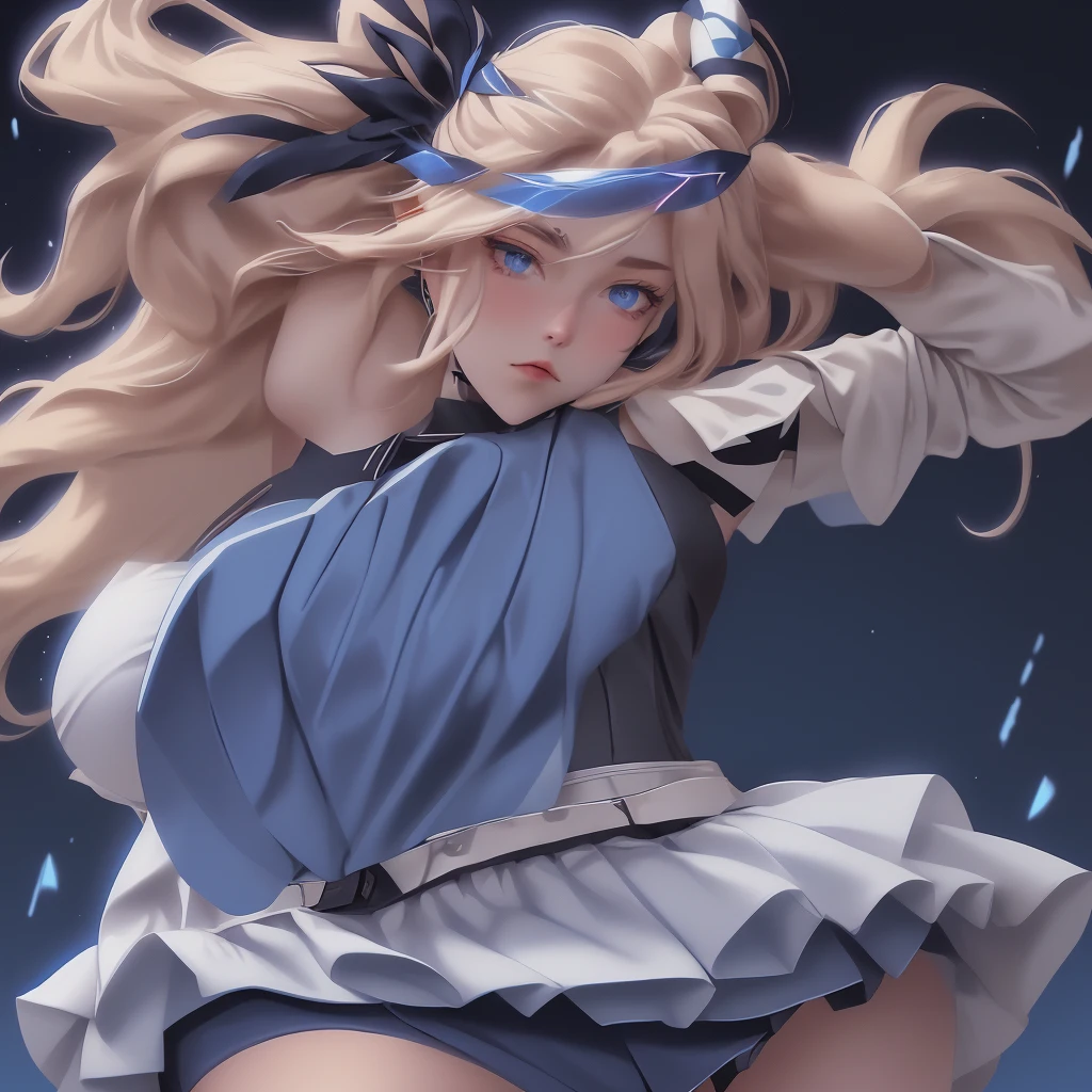 “Satellizer el Bridget from Freezing, a powerful and determined warrior with a commanding presence. She has long, flowing blonde hair that cascades down her back in waves, often tied back in a simple ribbon. Her eyes are a striking blue, reflecting her stoic and resolute nature.

She wears a battle-ready uniform that combines elements of armor and a school outfit. The uniform consists of a fitted white blouse with a dark blue tie and a pleated navy blue skirt. Over her blouse, she wears a form-fitting, armored corset that provides both protection and a sleek appearance. Her sleeves and gloves are reinforced, adding to her combat-ready look. She also wears knee-high boots that match her uniform.

Satellizer’s expression is serious and focused, with a hint of determination in her eyes. She carries herself with a sense of strength and confidence, always ready for battle. In her hands, she often wields a large, intricately designed weapon known as a Volt Weapon, which she handles with remarkable skill and precision. The weapon is sleek and futuristic, with glowing blue accents that match her eyes.

Her posture is strong and poised, exuding a sense of readiness and power. The background can be a futuristic battlefield or a training ground, enhancing her role as a formidable warrior. The overall look captures her strength, determination, and elegance, making her a captivating and powerful character.”