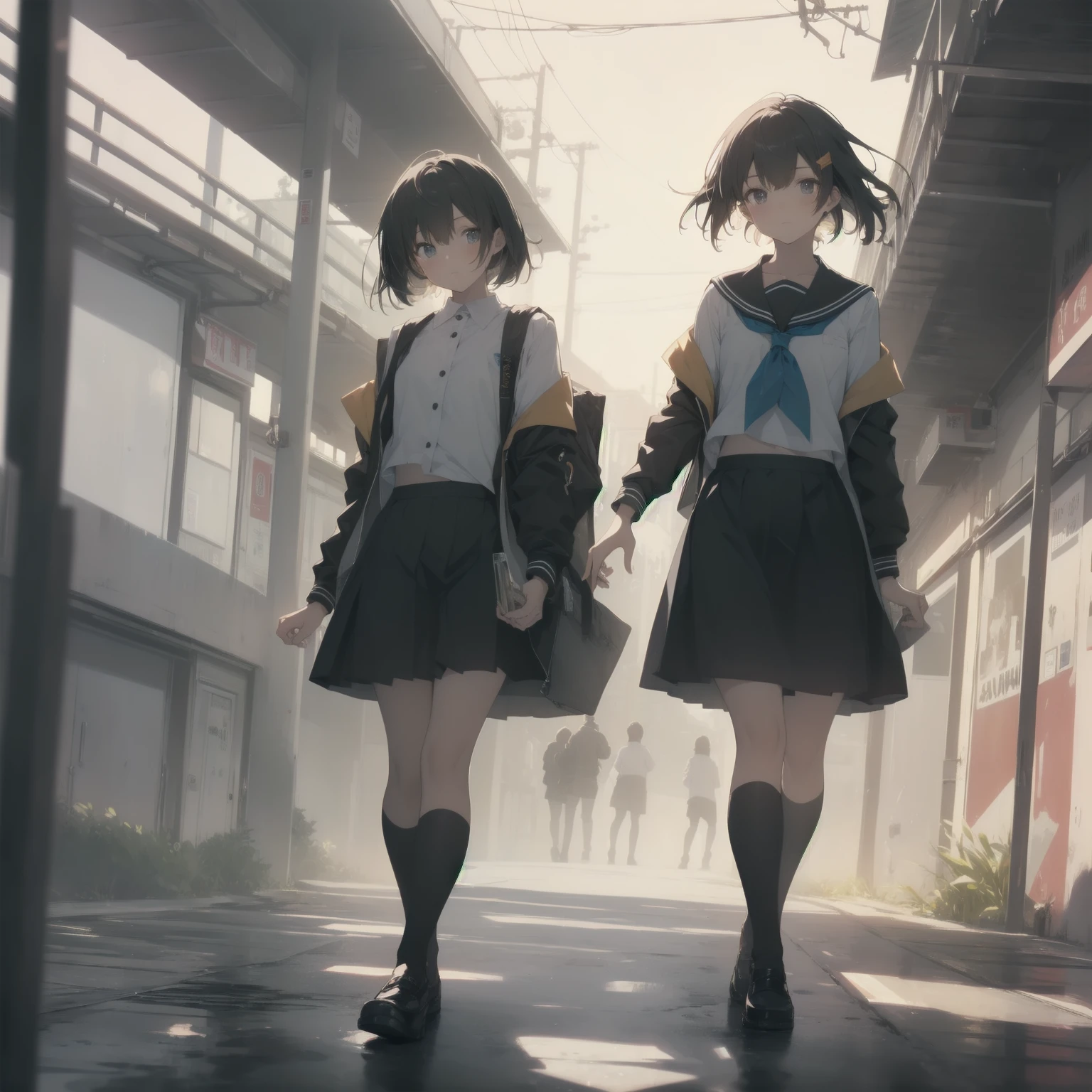 ultra-absurdres-Top quality by artist God, ultra-detailed, high resolution, anime moe artstyle, best anime 8k konachan wallpaper, pixiv contest winner, pool:2810, perfect anatomy,break, 1girl, (Please draw a girl walking sleepily to school alone. )break,(Solo,little female, 13-year-old:1.3),Full limbs, complete fingers,a junior high school student, (very short hair), short cut, flat chest, , small butt, small black eyes, beautiful detailed eyes, well-proportioned iris and pupils, expressive eyes, highres detailed hair, soft expression, salor school_uniform, sailor collar, serahuku, bow, pleated skirt,(Detailed Lighting), (Detailed background), in the School commute route. break,super detailed skin, Best cinematic lighting powered by famous artist, 8k,beauty illustration,photoshop_(medium),very aesthetic,break,((artist:kotorai )), artist:clamp ,artist:carnelian ,artist:kantoku ,