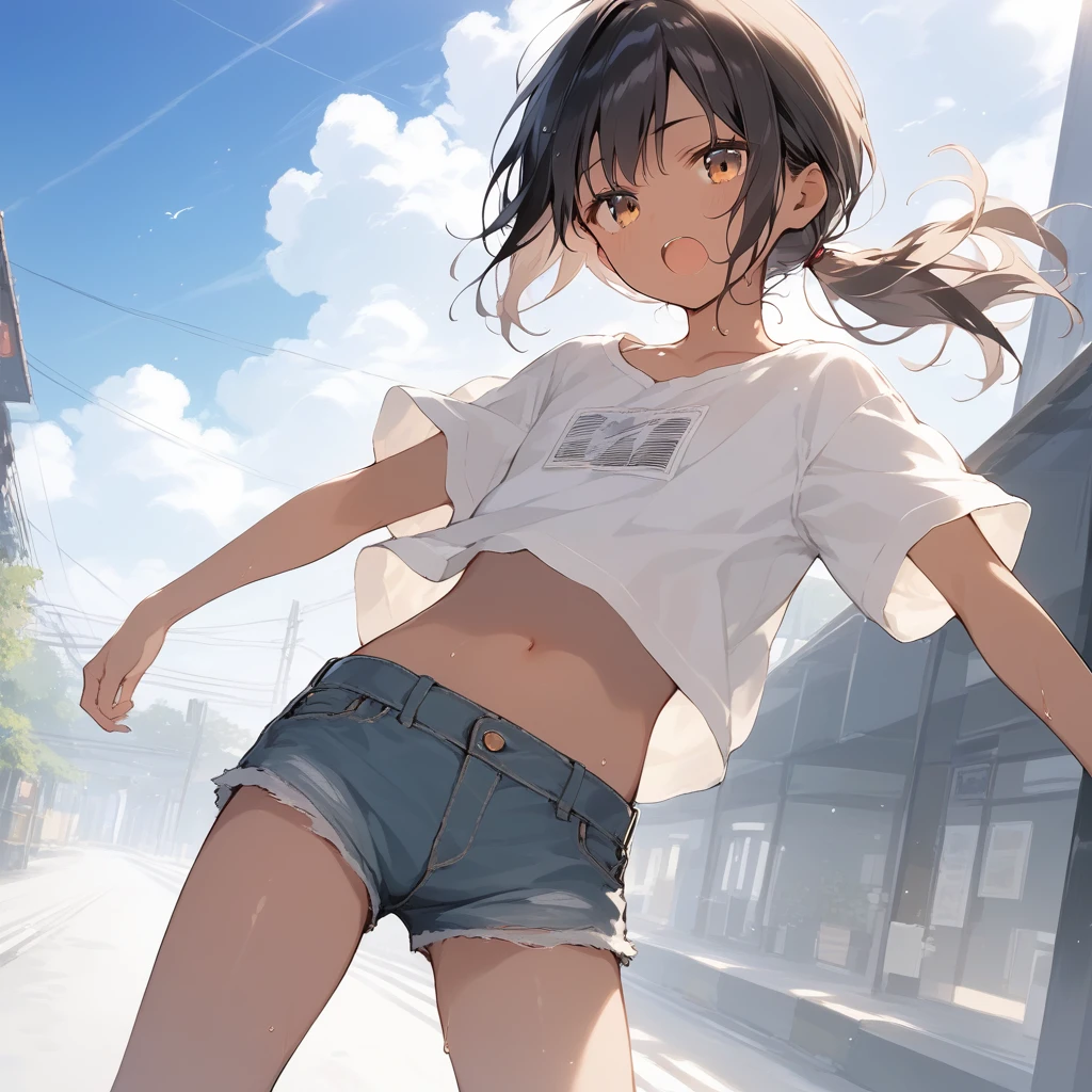 score_9, score_8_up, score_7_up, source_anime, best quality, masterpiece, official art, absurdres, highres, ultra-detailed,waifu2x,Collection: Slice of Life,break,1girl, tomboy, dark-skinned female, short hair, low ponytail, flat chest, beautiful detailed eyes, short shorts, sweat, open mouth, (yawn:0.3), sleepily, outdoors, wind,break,(clear line illustration:1.2), super detailed skin,very high resolution, very aesthetic, Best sexual lighting powered by famous artist, 8k,cute picture,beauty illustration,photoshop_(medium),,(Detailed Lighting),best anime 8k konachan wallpaper, pixiv contest winner,