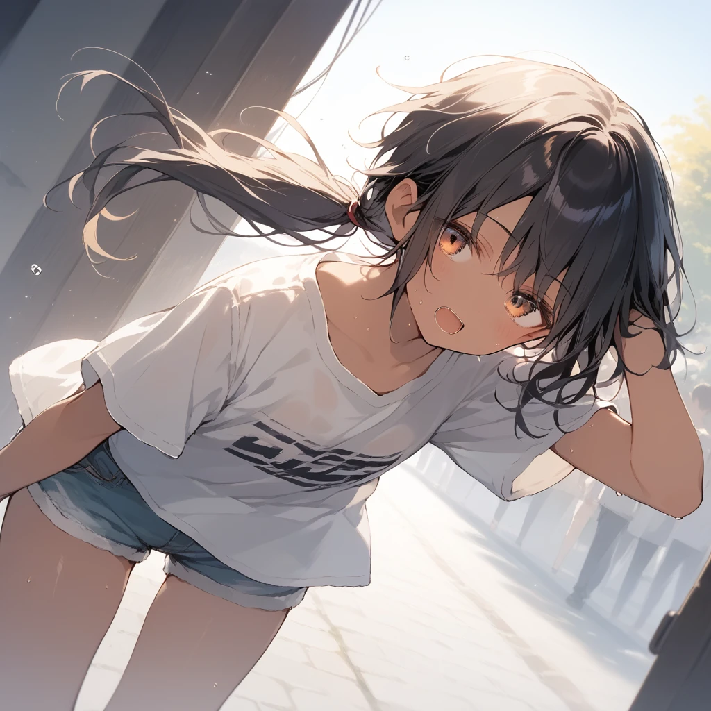 score_9, score_8_up, score_7_up, source_anime, best quality, masterpiece, official art, absurdres, highres, ultra-detailed,waifu2x,Collection: Slice of Life,break,1girl, tomboy, dark-skinned female, short hair, low ponytail, flat chest, beautiful detailed eyes, short shorts, sweat, open mouth, (yawn:0.3), sleepily, outdoors, wind,break,(clear line illustration:1.2), super detailed skin,very high resolution, very aesthetic, Best sexual lighting powered by famous artist, 8k,cute picture,beauty illustration,photoshop_(medium),,(Detailed Lighting),best anime 8k konachan wallpaper, pixiv contest winner,