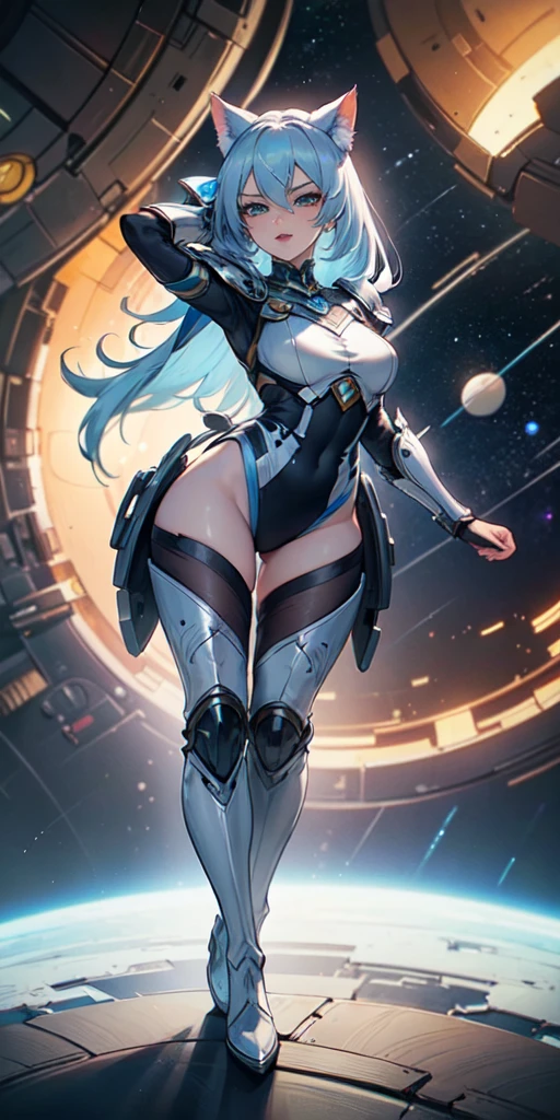 Masterpiece, beautiful art, 8k, art style by sciamano240, very detailed face, detailed clothes, detailed fabric, 1girl, beautiful face, asymmetrical long hair, light blue hair, space armor , thigh boots , very detailed blue cat eyes, hero stance , serious expression, battlefiled, full body view,