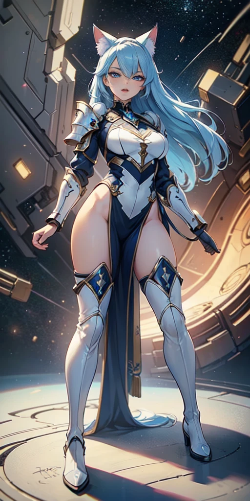 Masterpiece, beautiful art, 8k, art style by sciamano240, very detailed face, detailed clothes, detailed fabric, 1girl, beautiful face, asymmetrical long hair, light blue hair, space armor , thigh boots , very detailed blue cat eyes, hero stance , serious expression, battlefiled, full body view,