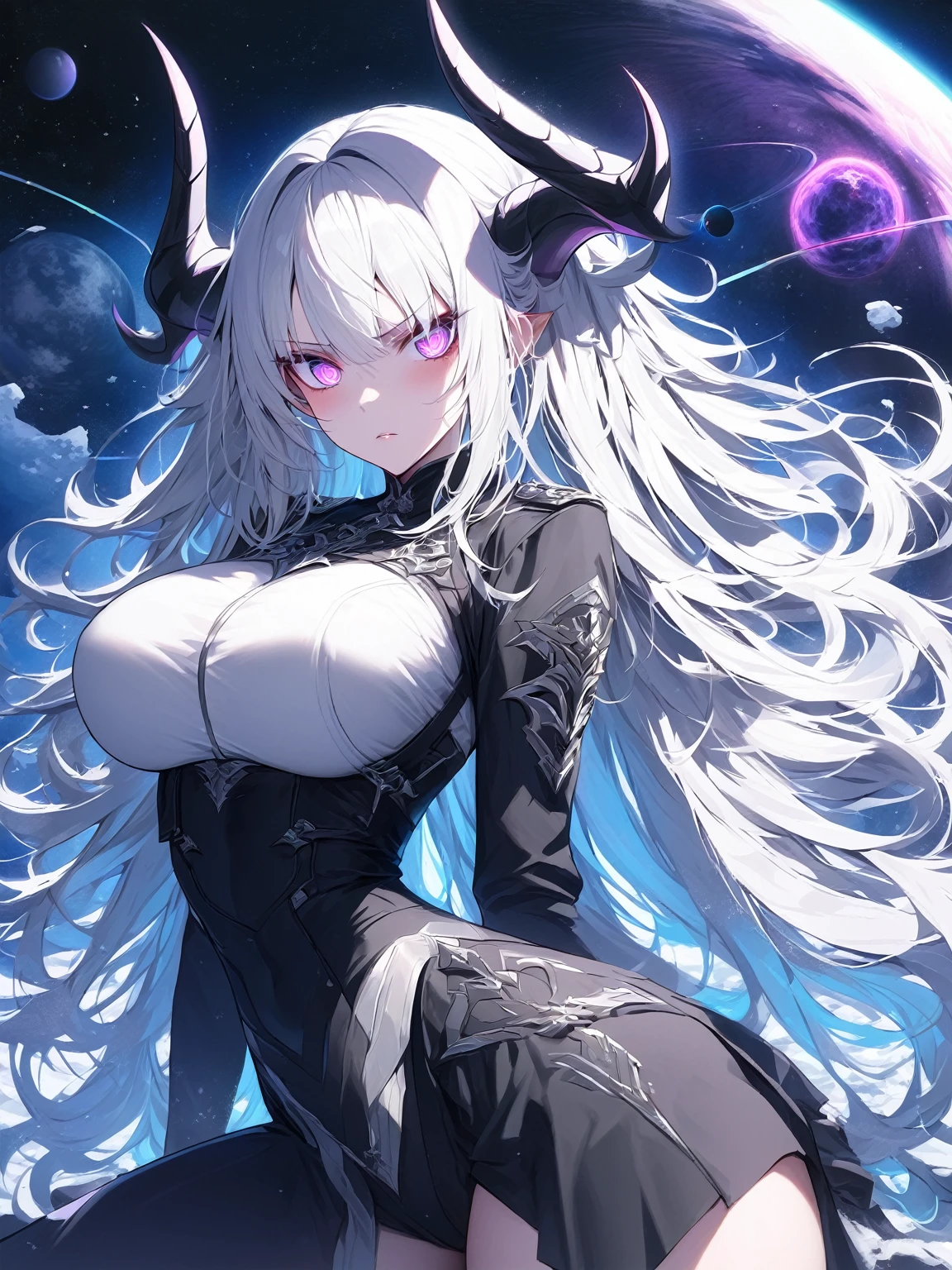 Masterpiece, very detailed, ultra detailed, one, (1 woman), she is in an ancient black futuristic military uniform, and in an elegant position, long hair, bright white hair, snow-white hair and hair on the sides, white demonic horns, beautiful, charming, bright purple eyes, neon eyes, bright eyes, elegant, big breasts, serious face, cold face, charming, against the background of space planets and a black hole.