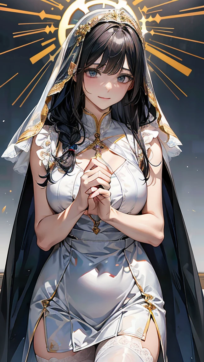 (Browsing Caution:1.2), (8k, RAW Photos, Best image quality, masterpiece: 1.4), (非常に精細なCG Unity 8k壁紙, Highest quality, High resolution: 1.2), (Ultra_Familiar, 超High resolution: 1.2), super highly Familiar, (Realistic, Realistic: 1.48), 1 girl, Focus Only,(Braiding:1.5), Side Lock, bangs, ((Dark navy blue eyes:1.4, Droopy eyes, Beautiful eyelashes)), Clear Eyes,Large Breasts,, (((Shiny long black hair))), beautiful Familiar  (((White Veil))), ((With a gold cross around his neck)), ((A golden rosary shining on my chest)),Captivating smile, Beautiful and delicate eyes with exquisite detail,Extremely accurate details,Skin dents,Outdoor,Perfect Face,Perfect body, Beautiful Eyes, Beautiful Face, (((首に直接修道服のWhite collar))),White dress, white dress, sexy costume, perforated, bodycon ,White collar, White Cape Bodycon Cosplay Sexy Bodycon Dress Open Hip Dress Inner Harness Dress Sleeveless Dress Mini ,形の良いLarge Breasts、Beautiful breasts,((calm and gentle smile)), ,Long, slender limbs,White lace knee stockings