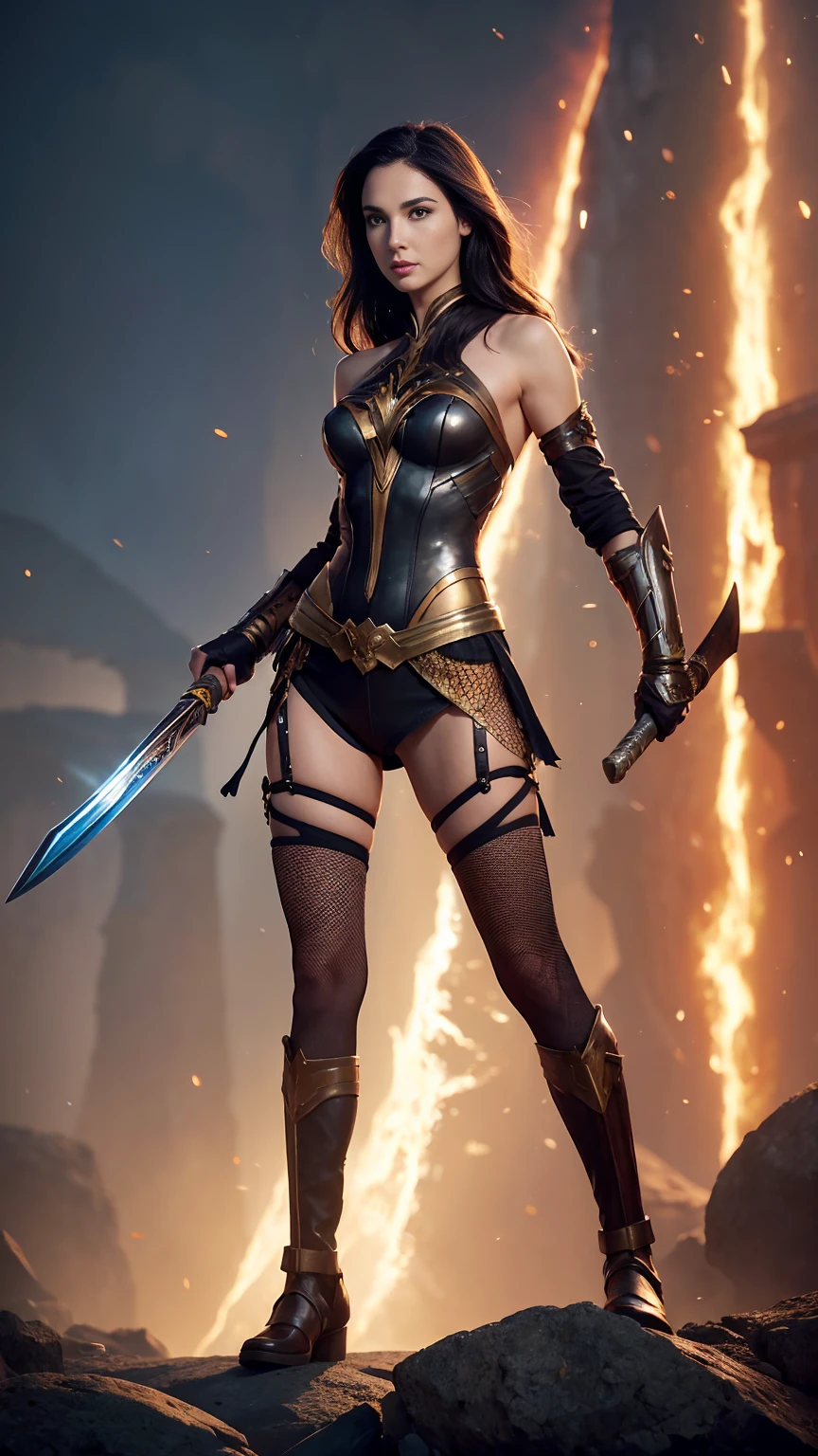 ((Full body photo, standing, feet on the ground)) a woman dressed as a warrior holding a sword, sexy painting of gal gadot, fishnet tights, tyler edlin fantasy art, fantasy woman, gal gadot as hell lord, zenescope, a very beautiful berserker woman, magali villeneuve', as seen on artgerm, very beautiful female barbarian, artgerm julie bell beeple, 4k fantasy art