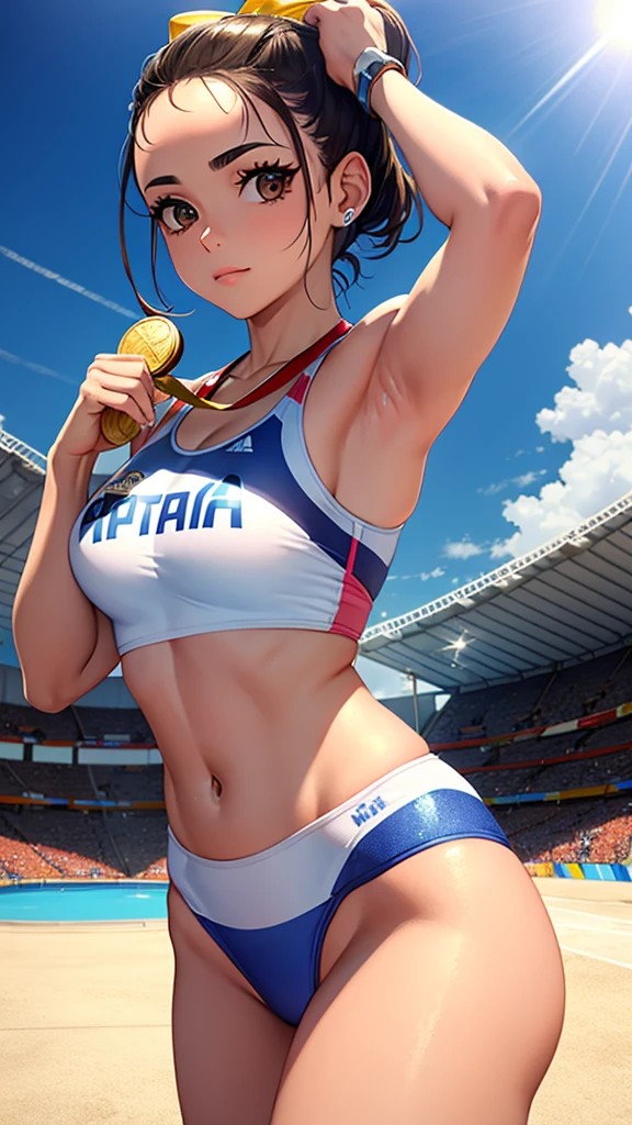Gymnast Rebeca Andrade full body, with a gold medal and the sponsor Parmalat Whey printed on the clothes, don&#39;t make her sexualized, her skin is black and her hair is black