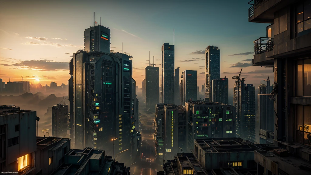 dystopic world; sunset, abandoned decayed city; lot of plants growing in front. lonely big mech works on resources on skyscrapers