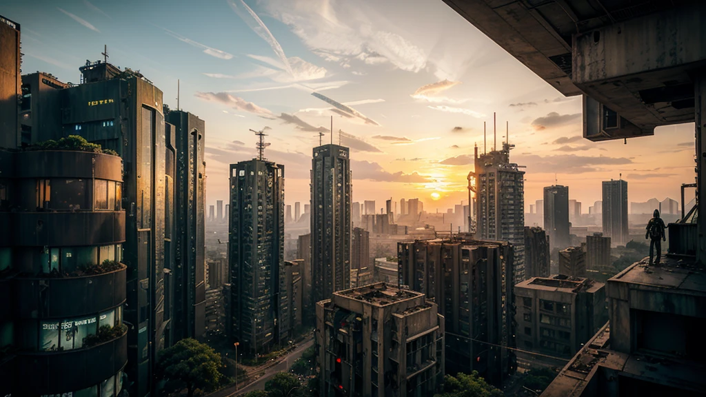 dystopic world; sunset, abandoned decayed city; lot of plants growing in front.  lonely big mech works on resources on skyscrapers