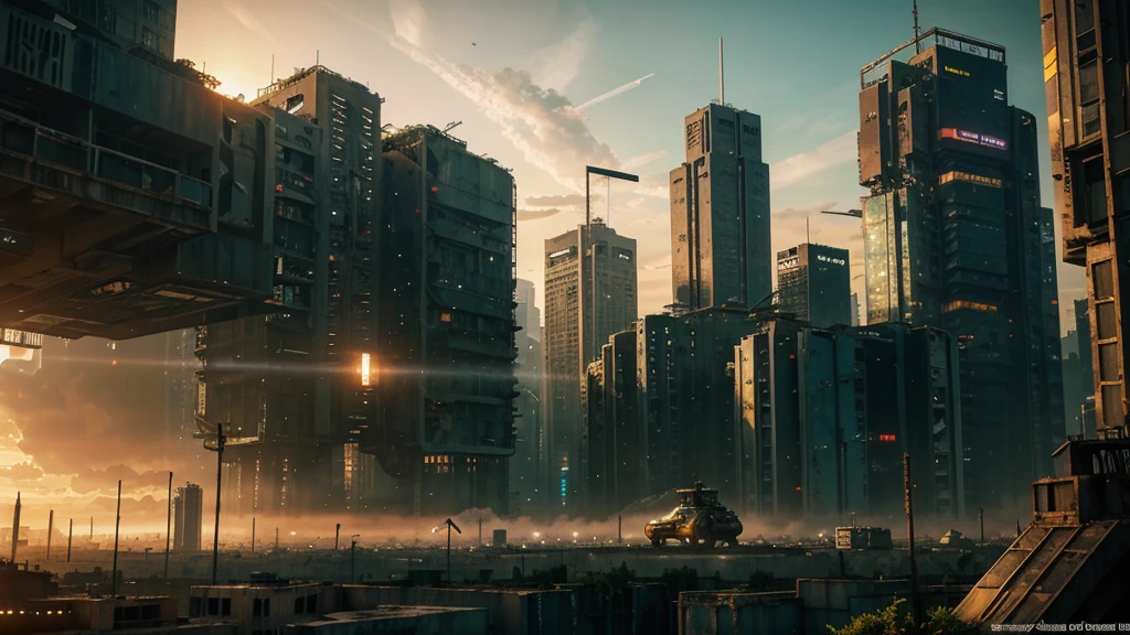 dystopic world; sunset, abandoned decayed city; lot of plants growing in front. lonely big mech works on resources on skyscrapers