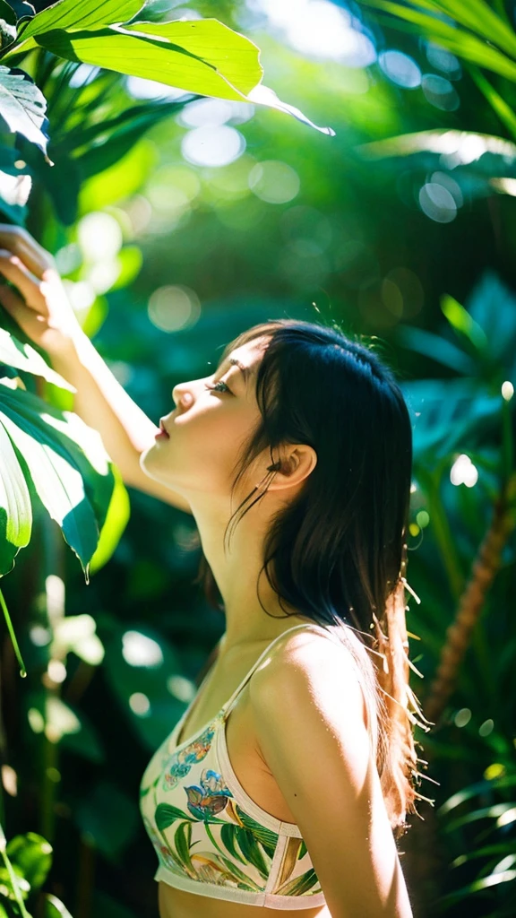 {Highest quality}, {{masterpiece}}, {very delicate and beautiful}, Excellent light and shadow, Highly detailed wallpaper, Clear, bright sunlight, 1 girl, thin, Face down, Gazing at the sky, delicate, Messy Hair, Realistic skin texture, , tropical rain forest, Tight waist, cameltoe