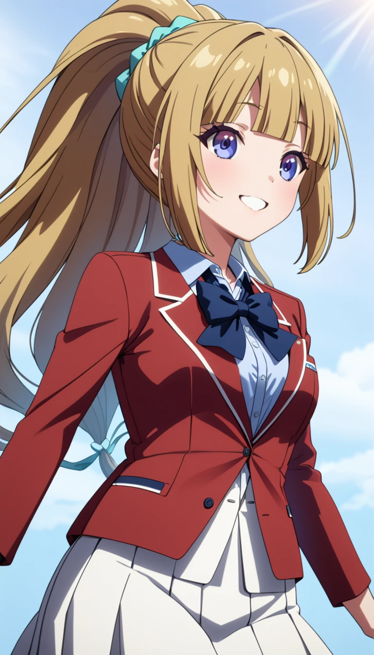 masterpiece, best quality, highres, ponytail hair, (single braid:1.2), hair ribbon, red blazer,buttoned blazer, blue bowtie, white skirt,smile,jumping ,from front,background the sky, 