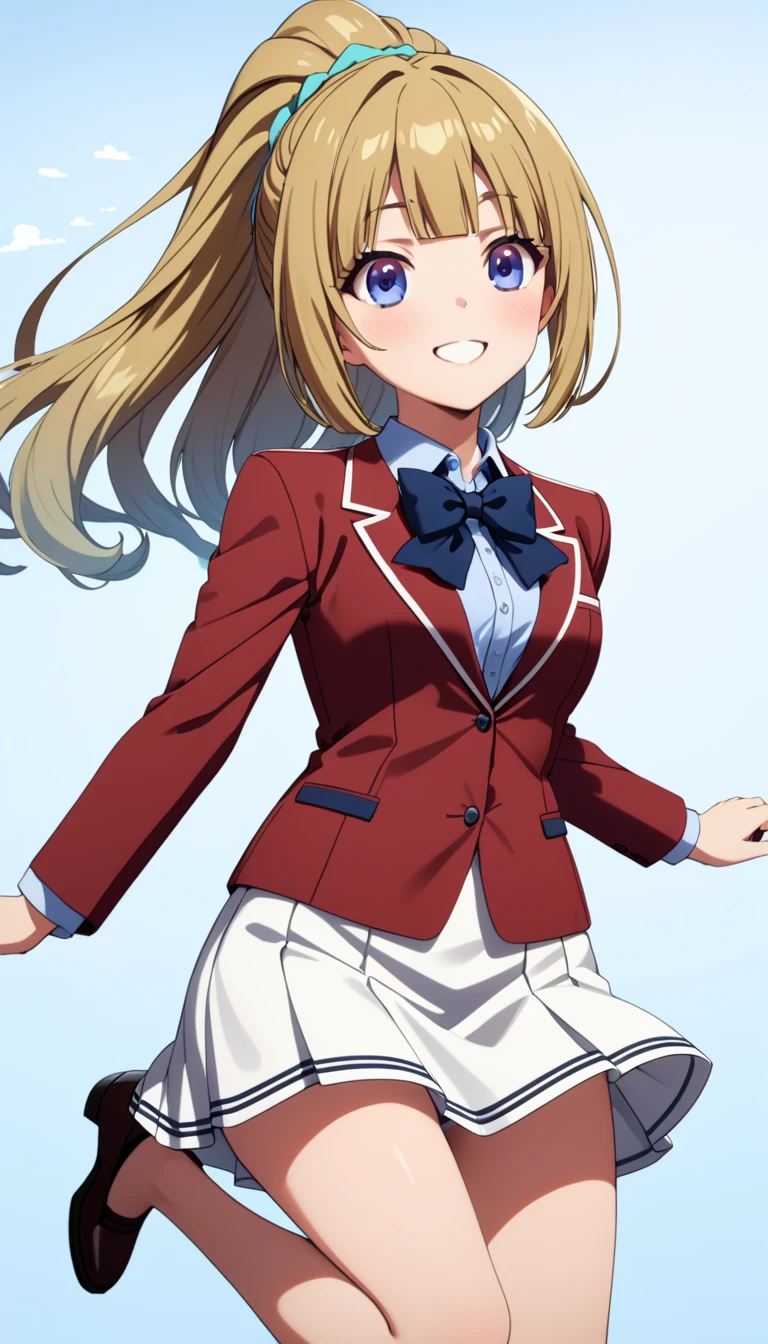 masterpiece, best quality, highres, ponytail hair, (single braid:1.2), hair ribbon, red blazer,buttoned blazer, blue bowtie, white skirt,smile,jumping ,from front,background the sky, 