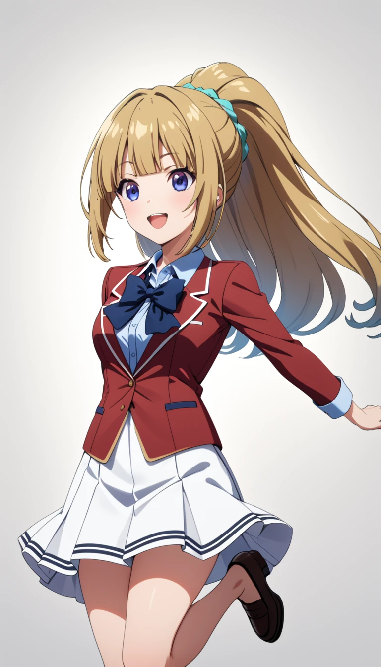 masterpiece, best quality, highres, ponytail hair, (single braid:1.2), hair ribbon, red blazer,buttoned blazer, blue bowtie, white skirt,smile,jumping ,from front,background the sky, 