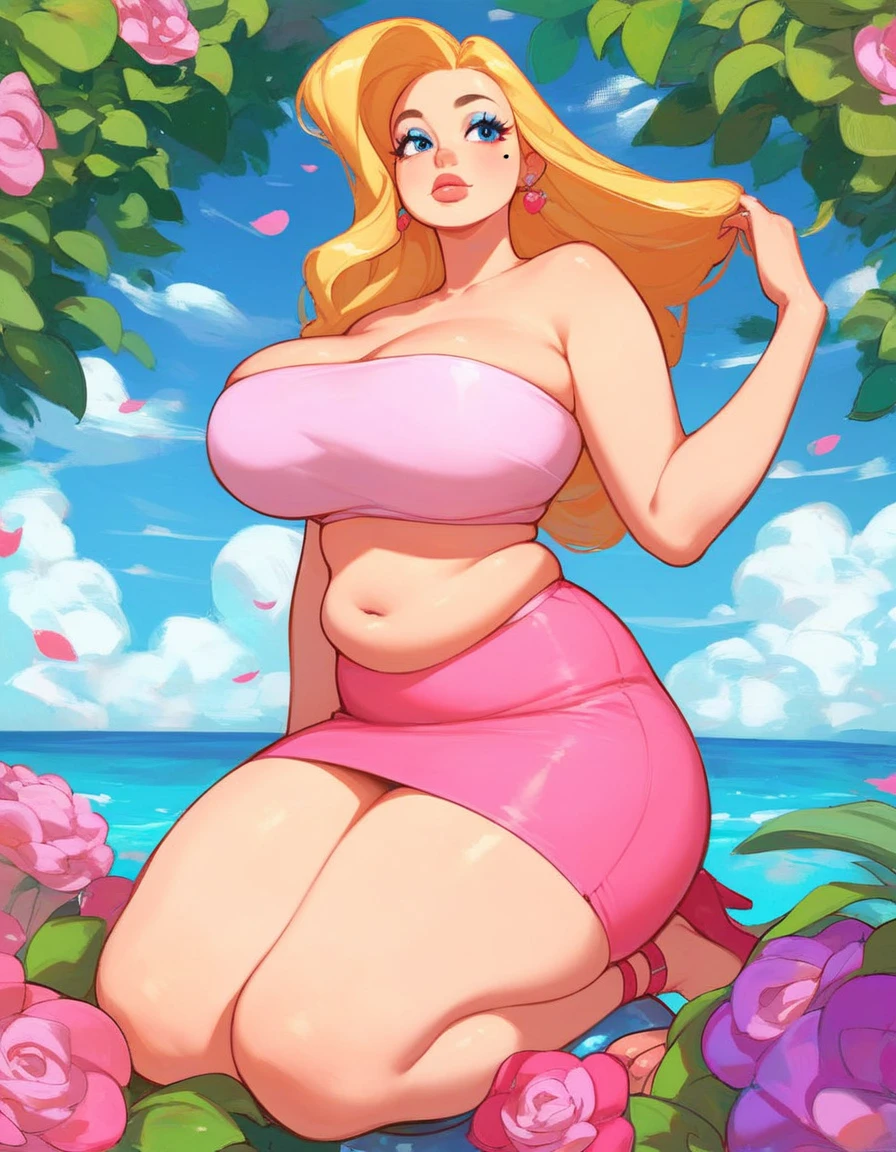 abby, 1girl, solo, long hair, blue eyes, skirt, blonde hair, navel, bare shoulders, full body, flower on tube top, mole, strapless, makeup, mole on right cheek, eyeshadow, pink skirt, light pink tube top, huge breasts, thicc thighs, big plump, lips