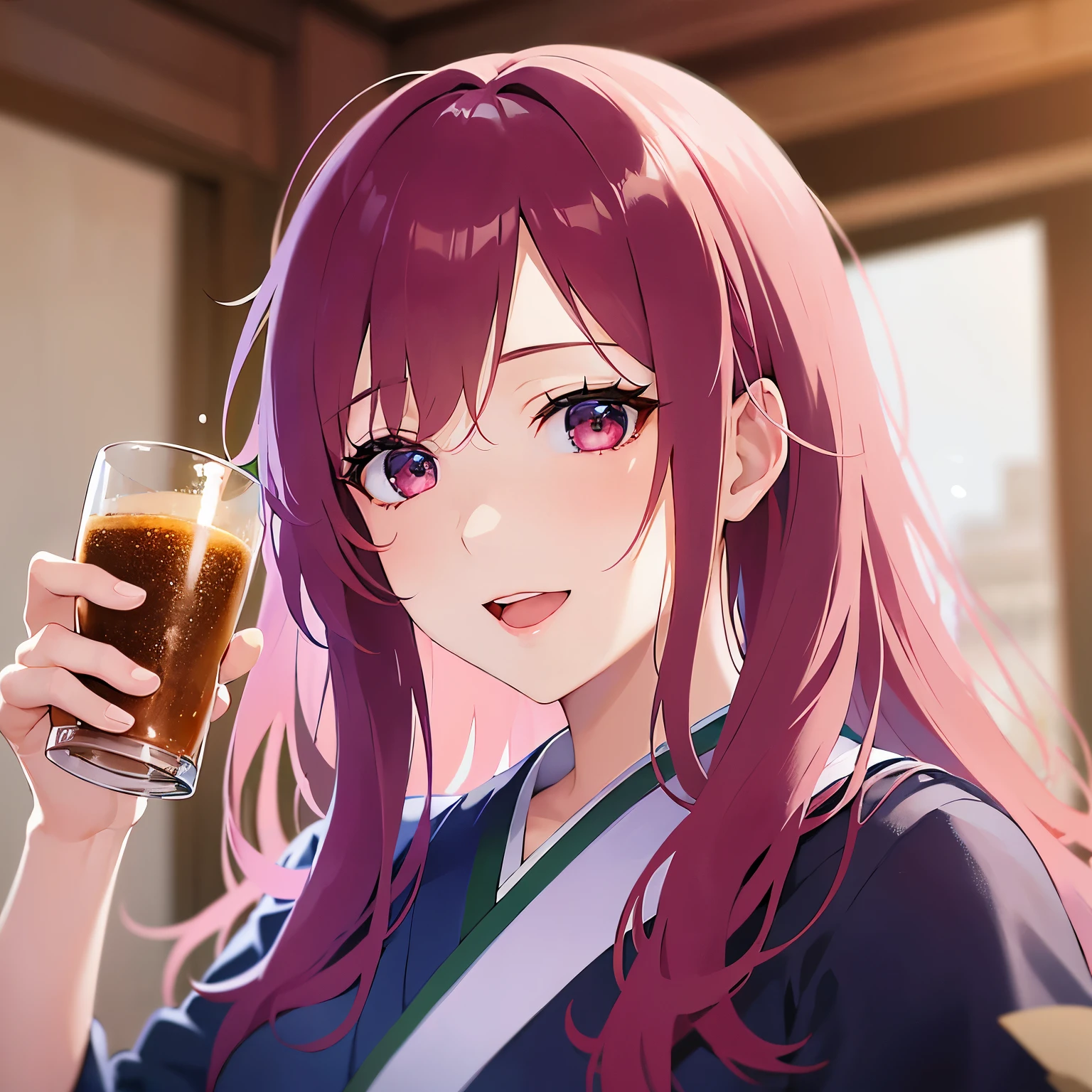 Realistic, real person, RAW photo, photorealistic, portrait photography, shiny skin,
25-year-old woman、(Medium Hair) and (red hair) and (red eyes),
(Blue) and (kimono) BREAK、drunk,smile,open mouth,I have a beer、The background is the banquet hall