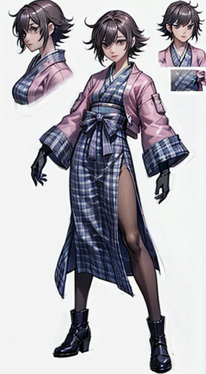 ((Animation Style, Character Chart, 8K, Super Detail, UHD, Masterpiece, High Quality, Top Quality, High Resolution)), ((Beautiful Face: 1.2, Beautiful Hands, Perfect Hands, Perfect and Delicate Limbs)), She is a woman wearing a pink jacket, a light blue kimono, and a navy checkered hakama. 1 female, solo, 20 years old, female, full body, Standing female, contrapposto, female, Dark brown short hair, messy hair, purple eyes, (Pink collarless jacket: 1.1), (Side slit hakama skirt: 1.1), Gloves, (Light blue checked kimono), Black gloves, (Navy hakama), long skirt, (Black pantyhose), Short boots, (((white background)))