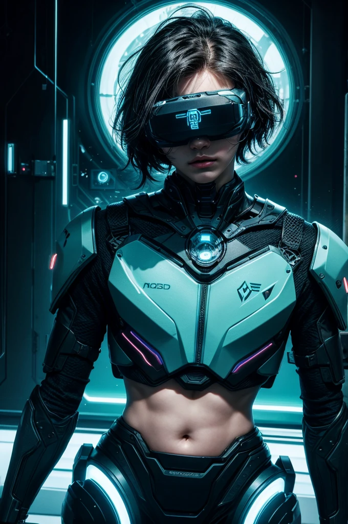 best quality, head-mounted display,
(1 boy), young twink, exposed belly, surrounded by azure neon, short black messy hair, short black hair, NodesTech mascara, NodesTech headdress, ethereal hair, multicolored black hair, wearing crop top cyborg armor
BREAK sci-fi background, detailed background, azure neon background, data space