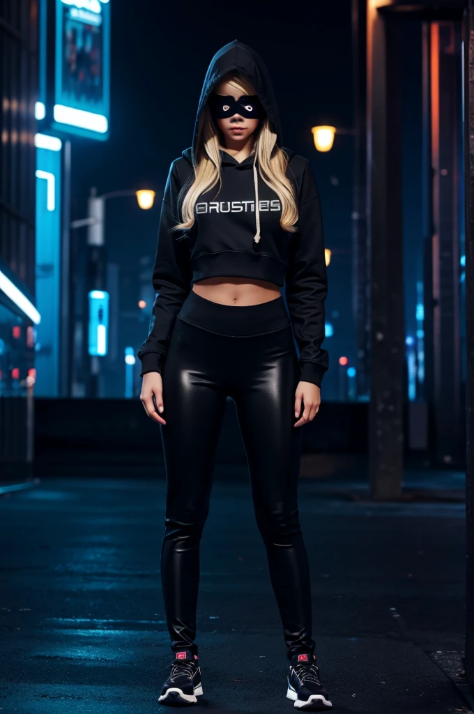 full body maximum image quality, 22 year old quite busty long hair blonde girl wearing a hooded sweatshirt, tight black leggings and a LED hacker mask, with cyber city background 8K full HD