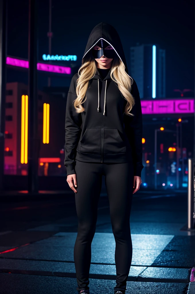 full body maximum image quality, 22 year old quite busty long hair blonde girl wearing a hooded sweatshirt, tight black leggings and a LED hacker mask, with cyber city background 8K full HD
