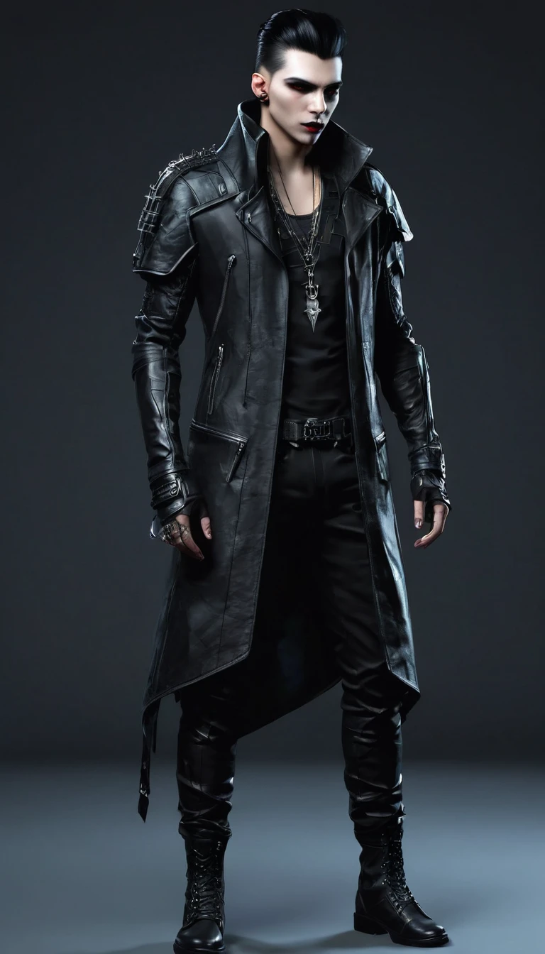 Create a full body mans character and clothing items from vampire clans in modern times and create modern and cyberpunk fashion. Front, side and backCreate a full body man character and clothing items from vampire clans in modern times and create modern and cyberpunk fashion. Front, side and back