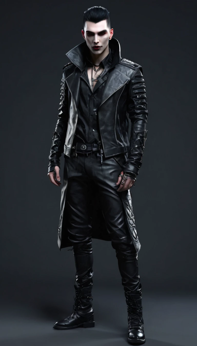 Create a full body mans character and clothing items from vampire clans in modern times and create modern and cyberpunk fashion. Front, side and backCreate a full body man character and clothing items from vampire clans in modern times and create modern and cyberpunk fashion. Front, side and back
