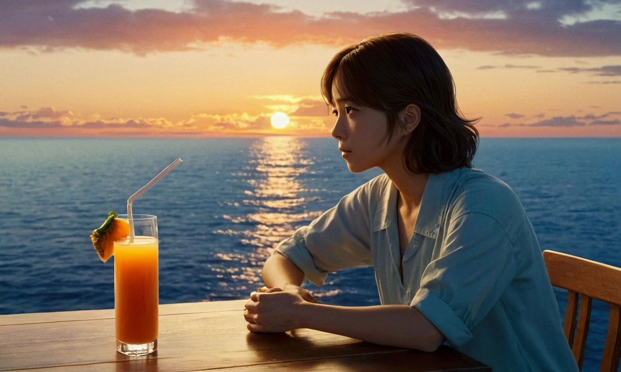 A woman sitting at a table with tropical juice,Makoto Shinkai Cyril Rolland, blue sea. by makoto shinkai, Watching the sunset. anime, in Makoto Shinkai's Style, Studio Greeble Makoto Shinkai, by makoto shinkai, by makoto shinkai, Makoto Shinkai's Style