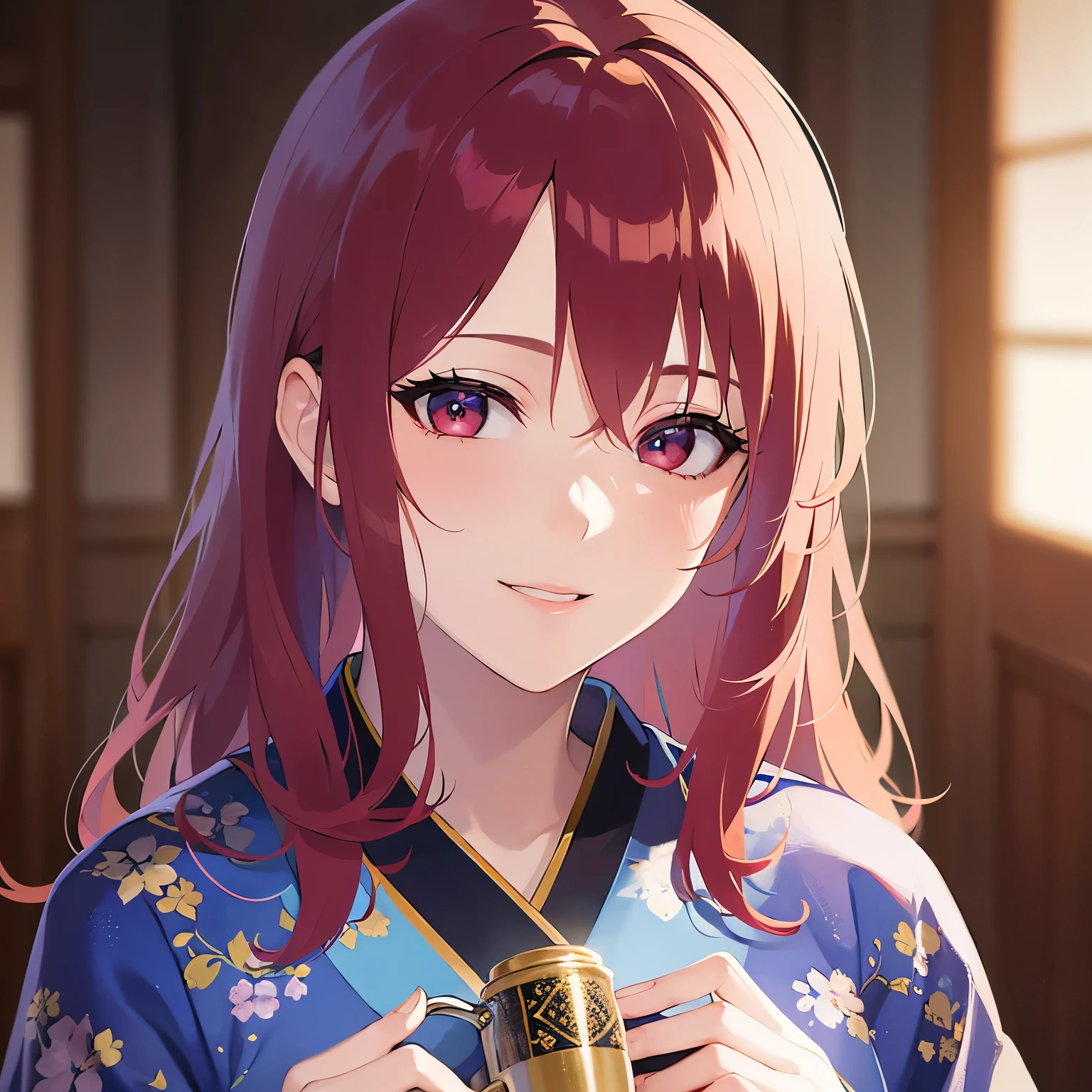 Realistic, real person, RAW photo, photorealistic, portrait photography, shiny skin,
25-year-old woman、(Medium Hair) and (red hair) and (red eyes),
(Blue) and (kimono) BREAK、drunk,smile,I have a beer、The background is the banquet hall