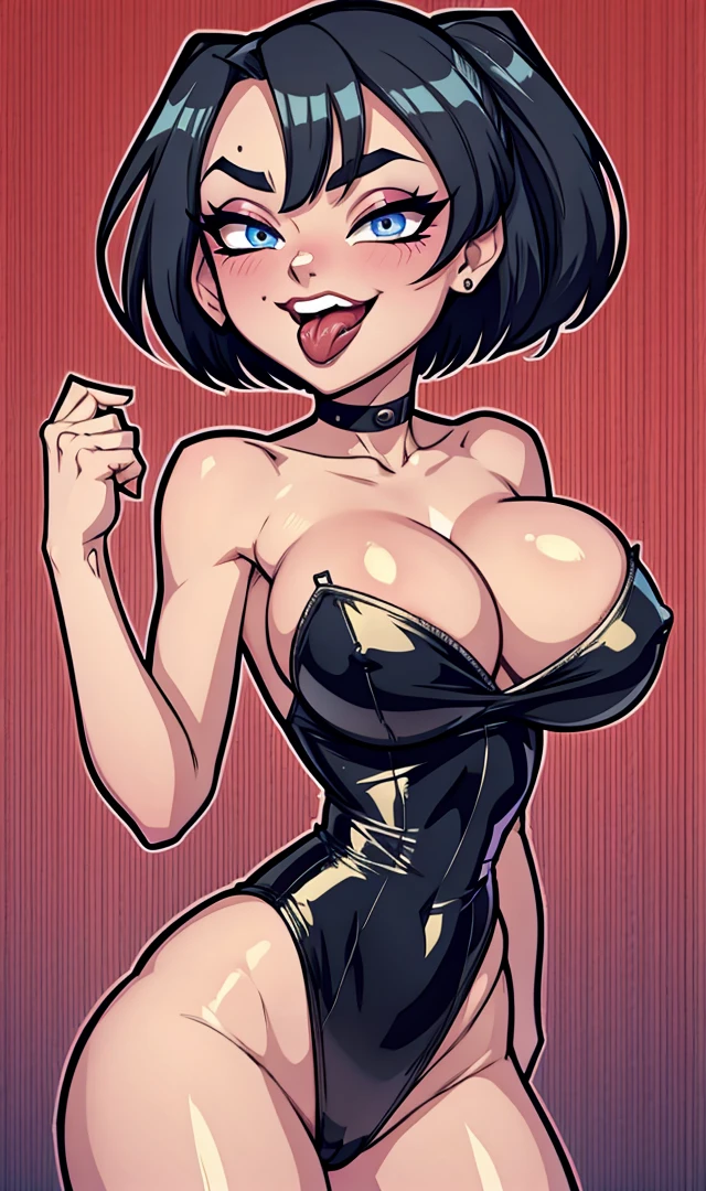 Beauty gothic girl night black Blouse v-neckline, leather skirt, thights, Wide legs Small waist, wide big hips, model pose, only two Arms With a red bow making an ahegao face with Crossed eyes and Tongue out with drool drops, with and stimulating a huge penis bn her breasts