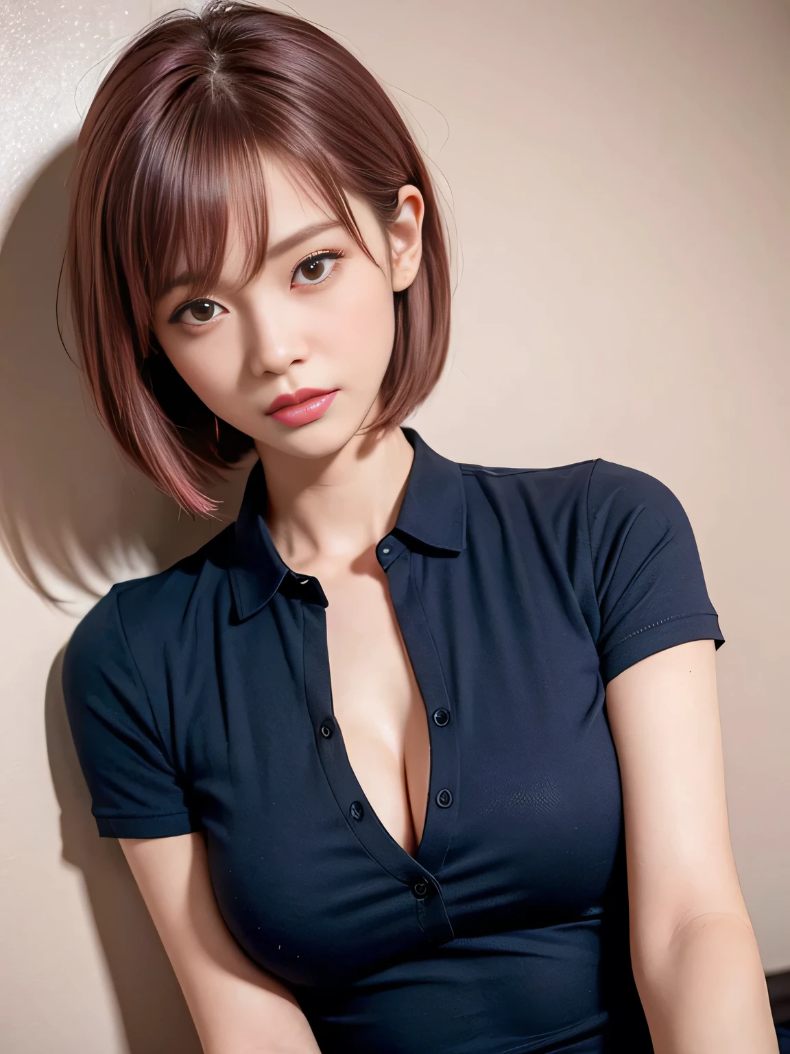 highest quality, figure, sexy、slender、Navy blue open front polo shirt、sexy very detailed, Fine details,Slim body、slender、Japanese girl、 High resolution, 8k,wallpaper, Perfect dynamic composition, Beautiful fine details, Short Bob Hair、Pink Hair Color,Big Natural Color Lip, Bold sexy pose,smile、Cold Stare,20-year-old girl、Cute type、Lolita、Good Eyes、whole body,Pink wall