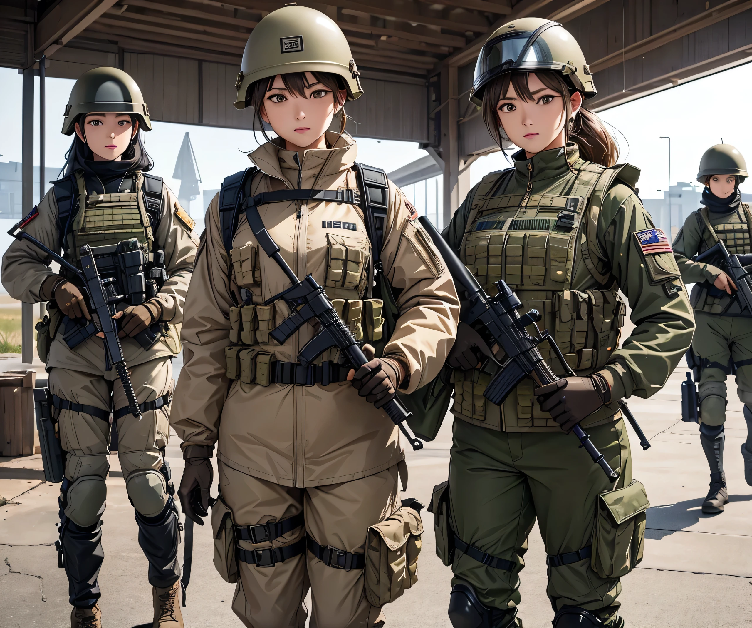 A group of female special forces standing in a row、Fully dressed beige M-51 military jacket、Wear a steel helmet、Magazine Pouch、Tactical Vest、Gloves、Military Pants、Knee pads,Write details、masterpiece、best quality、Highly detailed CG、8K picture quality