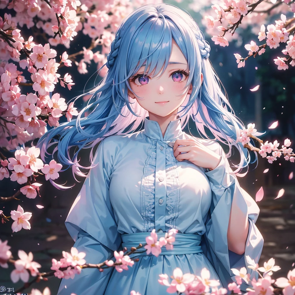 (Light Blue Medium Hair),(Braided Hair)、Pink Eyes、Fair skin、(whole body)、(uniform)、Cherry Blossoms at Night、Big smile、A dignified figure、alone、(masterpiece、Highest quality、Very detailed、Best Shadow)、(Detailed Background)、(Beautifully detailed face)、High Contrast、(Best lighting、Very delicate and beautiful)、((Cinematic Light))、colorful、Hyper Detail、Dramatic Light、Exquisite detail、