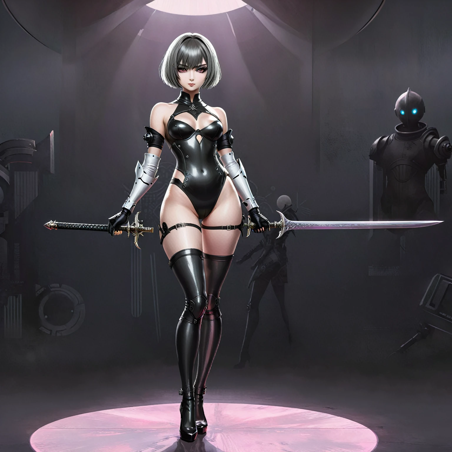 anime - style illustration of a woman in a futuristic suit with a sword, best anime 4k konachan wallpaper, 2b nier automata, 2 b, 2b, dominatrix robot, dominatrix, biomechanical oppai, high heels. anime style at pixiv, oppai cyberpunk, commission for high res, 2 b from nier automata