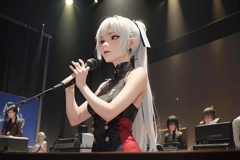 (Highest quality,8k,High resolution,masterpiece:1.2),((masterpiece,Highest quality)), 非常に詳細なHigh resolution,1 girl,(White Hair),ponytail, ((A girl in her fifties singing into a microphone while playing a synthesizer)),((Standing whole body)), (Slender body:1.5),(A girl playing the Yamaha MONTAGE7 on stage),((Highly detailed skin and facial textures:1.3, Ultra detailed face, Detailed arms, Beautiful attention to detail)),(Beautiful lip detail),Album cover by Yokoyama Taikan,(Playing synthesizer on stage),Shutterstock,realism,Perform on stage,vocalist, Live Performance, Singer-songwriter,Woman playing an electronic piano, Singer-songwriter, Photo taken with Nikon D750,Shot with Canon EOS 5D Mark IV,