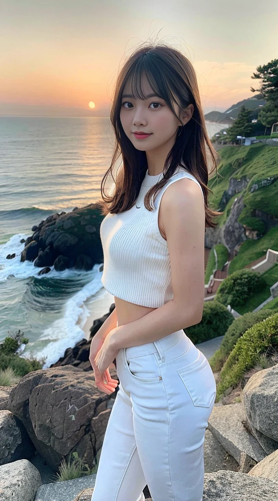 "Drawing of a beautiful woman and a girl in white and tight jeans,Put your arms behind your back,Full Body Love,Long legs,White shoes,Wear with a cropped T-shirt、bra,slim,Smaller bust,slim的女孩模特,24-year-old female model,Standing on the mountain overlooking the sea at dusk, smiling,Let your hair flutter in the wind. The orange light of the setting sun enveloped her, making her feel calm and happy. The sea rises and falls slowly, The sound of the waves is pleasant. Elegant flowers and plants bloom around the woman, harmonizing with the beauty of nature. This image conveys a feeling of silence and happiness, Depicts a peaceful scene,Bring relaxation and tranquility to the audience."