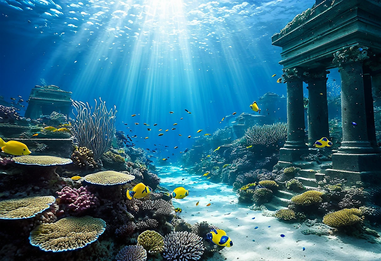Generate a highly detailed and realistic photo of a submerged city under the ocean. The scene should depict buildings, streets, and structures partially covered by vibrant coral reefs and marine life. Schools of colorful fish swim around the ruins, adding motion and life to the underwater landscape. The city's architecture is clearly visible through the clear, blue water, with seaweed and other marine plants growing on the surfaces. Sunlight filters through the water, casting a soft, ethereal glow over the scene and creating beautiful shafts of light. The foreground features intricate coral formations, anemones, and small marine creatures, enhancing the sense of a thriving underwater ecosystem. The overall atmosphere should evoke a sense of wonder and mystery, capturing the surreal beauty of an urban environment transformed into an underwater paradise.