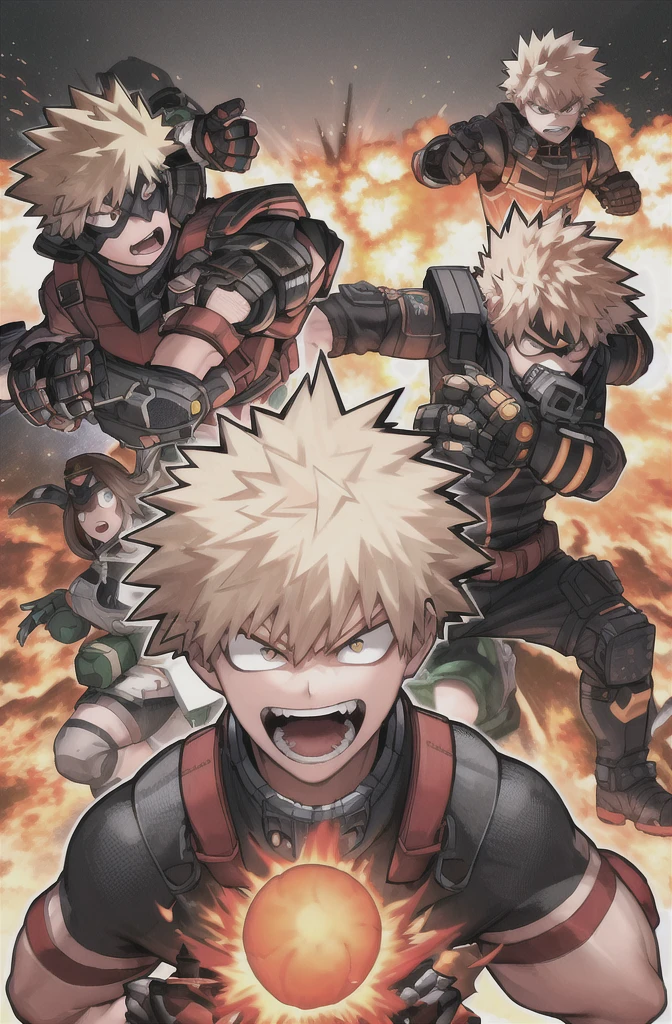 (Highest quality, masterpiece, RAW Photos,Very detailed:1.2),The face of a battle maniac、Explosion Effecty Hero Academia,Katsuki Bakugo,、View your viewers,Background of the collapse、Aggressive pose、Grenade-shaped gauntlets、Black eye mask