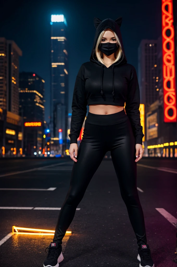 full body maximum image quality, 22 year old quite busty long hair blonde girl wearing a hooded sweatshirt, tight black leggings and a LED hacker mask, with cyber city background 8K full HD