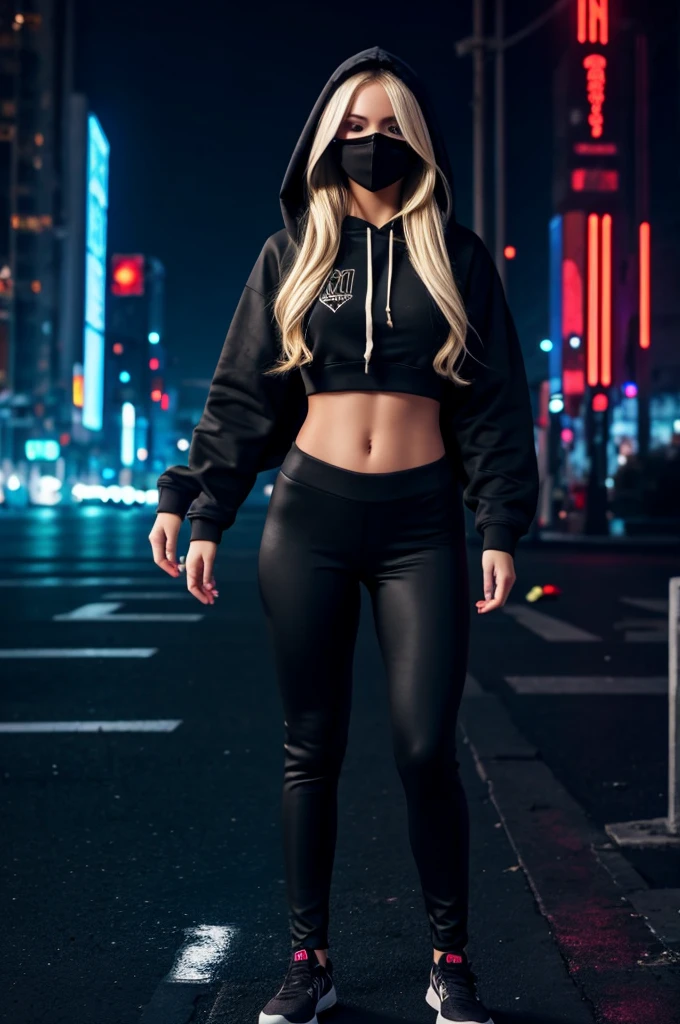 full body maximum image quality, 22 year old quite busty long hair blonde girl wearing a hooded sweatshirt, tight black leggings and a LED hacker mask, with cyber city background 8K full HD