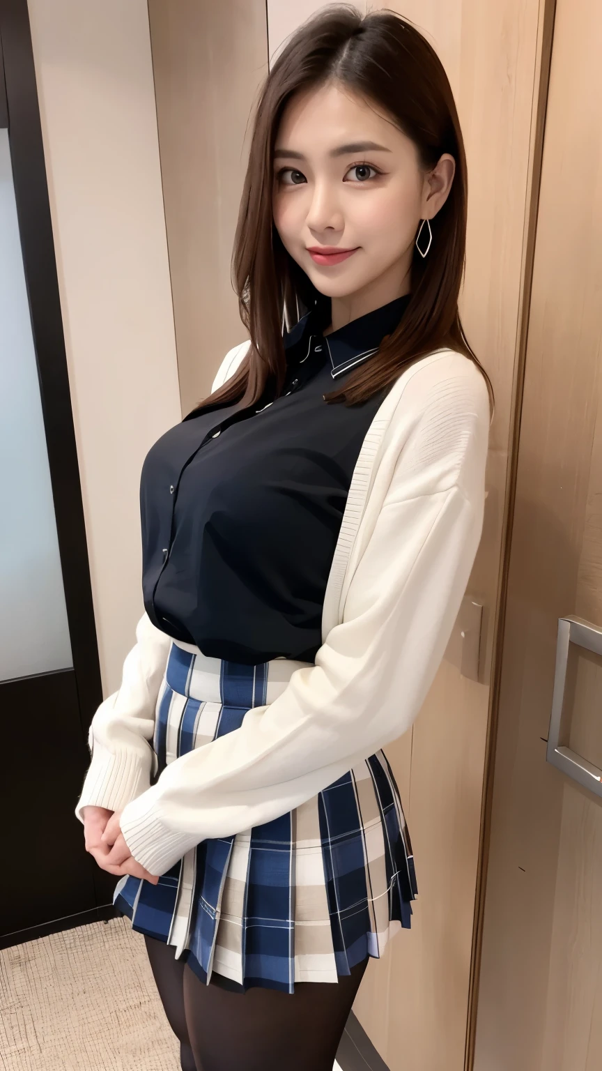 (((8k、High resolution、Highest quality、High resolution))), alone、Natural body shape、White skin、Natural Makeup、((Keep your hair up and short))、(((Skirt Lift)))、、(:1.4)、(())、(((((Full body photo)))))、(((Shot from the side)))、(((Wear a uniform on the upper body)))、Bedroom、(((Of high school))) 、((white collared long sleeve blouse))、((Beige cardigan))、((Pleated skirt with dark blue plaid pattern、mini skirt、Ultra-realistic pantyhose))、、turn around、Cute expression、((Bare thighs))