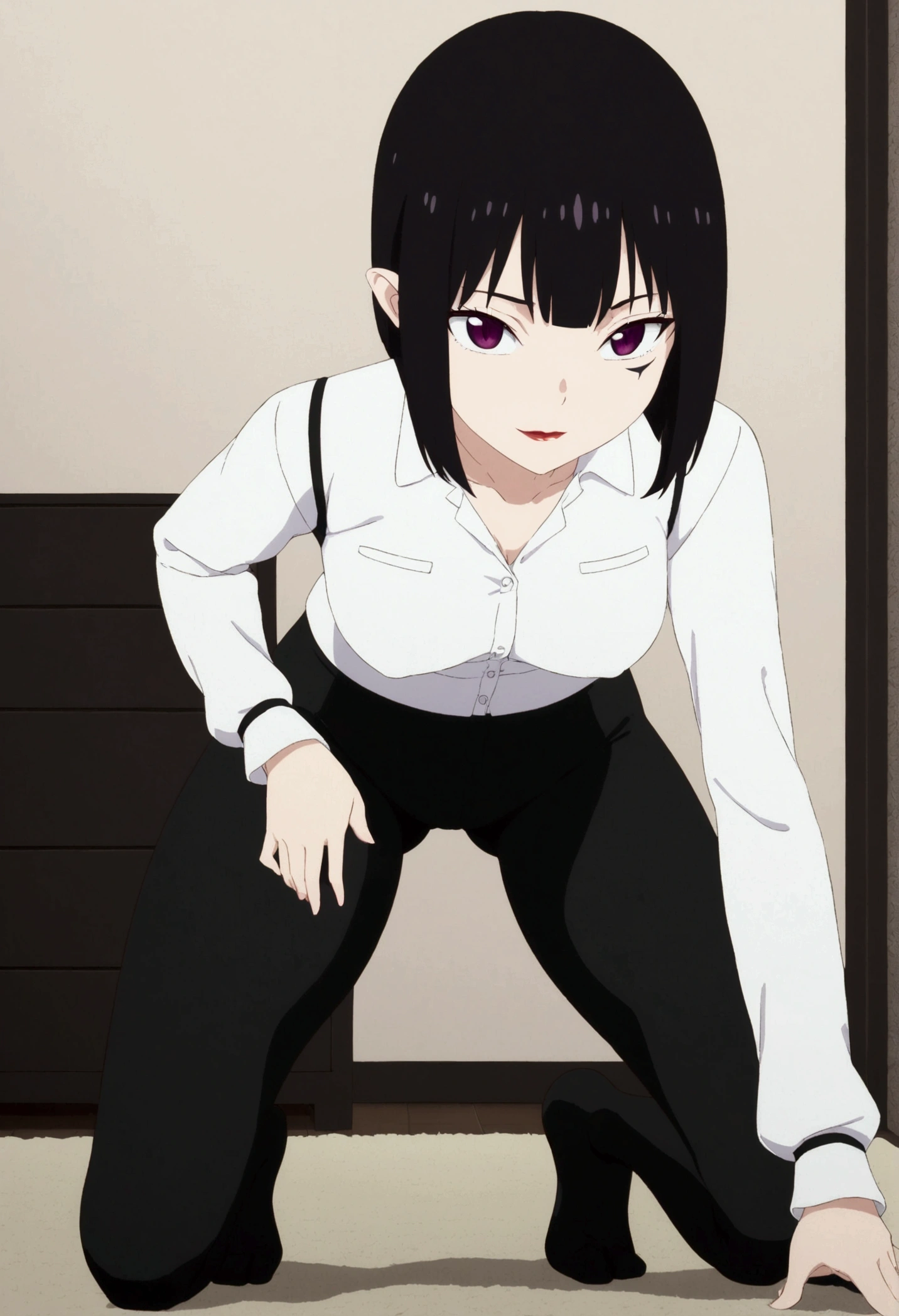 anime cloth capture, citys, 1 girl, standing alone, shorth hair, Bblack hair, purples eyes, gazing at viewer, hair between the eyes, Lewd, cloused mouth, in this, Broad Hips, short top, short shorts, unbuttoned shorts, squatting down, legs spread apart, erotism, rug,ssmile,face red,legging branca