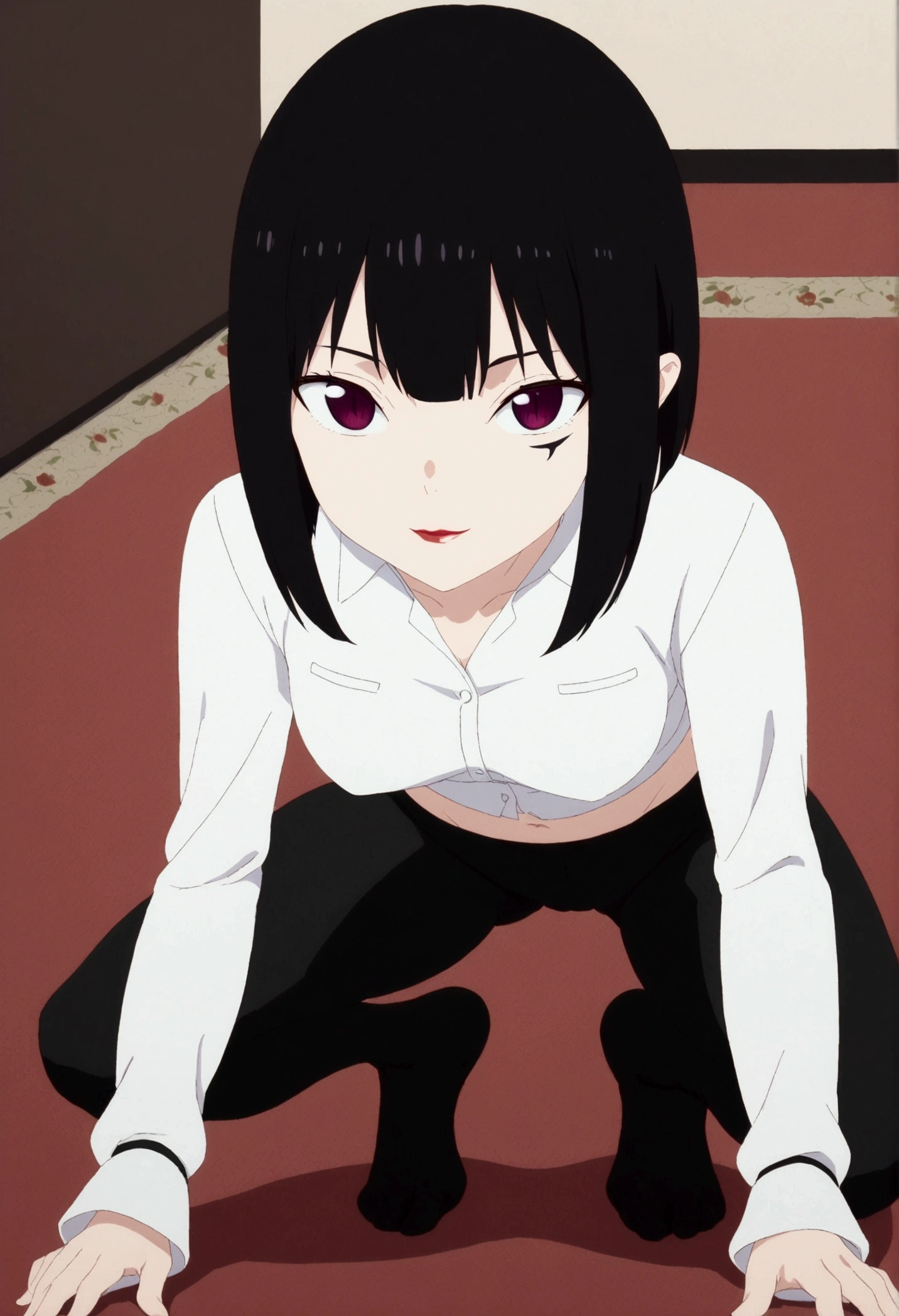 anime cloth capture, citys, 1 girl, standing alone, shorth hair, Bblack hair, purples eyes, gazing at viewer, hair between the eyes, Lewd, cloused mouth, in this, Broad Hips, short top, short shorts, unbuttoned shorts, squatting down, legs spread apart, erotism, rug,ssmile,face red,legging branca