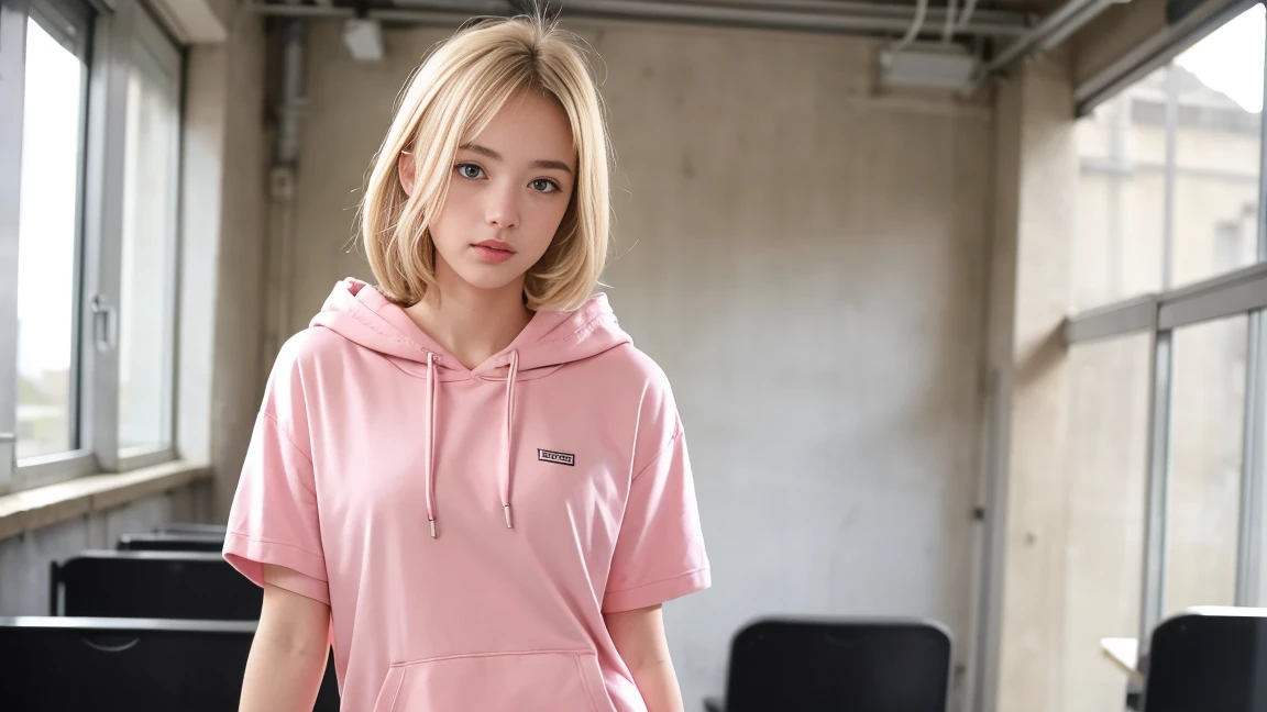deux femmes blonde ensemble de 18 ans sexy et mince , pink short sleeve hoodie , salle de classe, se touche,position sey,sensuel
