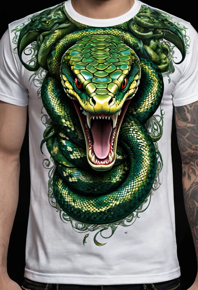 T-shirt designs, Create a menacing white t-shirt with a full-length python motif inspired by the aesthetics of heavy metal music. The art work features an elegant style, python dourado e verde claro enrolado sinuosamente, its scales shining in the dim light. python&#39;The mouth is wide open, revealing rows of sharp teeth dripping with blood, exuding a raw feeling, primitive aggression, clear sky and bright sun in the background, improving the sinister atmosphere of the design. python&#39;the eyes shine with a malevolent shine, capturing the essence of danger and violence. The overall style is bold and intense, embodying the dark and edgy spirit of heavy metal music.
