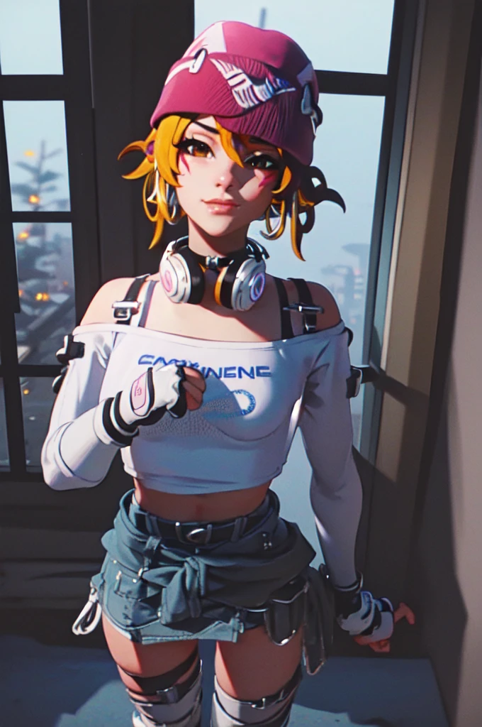 ((masterpiece, best quality)), 1girl, solo, Kiriko LeSserafim, upper body, short hair, brown eyes, multicolored hair, blue hair, yellow highlights, bangs, pink headwear, hair between eyes, (white off-shoulder shirt:1.5), ((gloves:1.5)), pointing to her face, fingerless gloves, hoop earrings, (white shirt:1.5), headphones around neck, thighhigh, white gloves, lace-up boots, boots, gloves, jacket around waist, thighhighs, breasts, headphones, standing, jewelry, bracelet, midriff, white crop top, cross-laced footwear single kneehigh, smile, earrings, jewelry, hat, looking at viewer, makeup, facepaint, facial mark, detached sleeves, lips, indoors, japanese house, hands on her face, portrait,