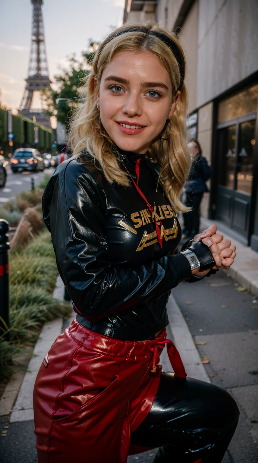 Masterpiece, Best quality, (solo girl), (close portrait), (photorealistic1.4), (epiCRealLife), (flashphoto), (UHD), (young woman), (blonde hair), (blue eyes), (Wondergirl_YJ latex black armor costume), (Wondergirl_YJ black hairband) (long red Wondergirl_YJ sweat pants), (Wondergirl_YJ black costume) (, (outdoor ), (Paris Street), (Eifel Tower), (red Adidas jogging pants), (Kiernan Shipka smile),(sks woman), (fighting poses)