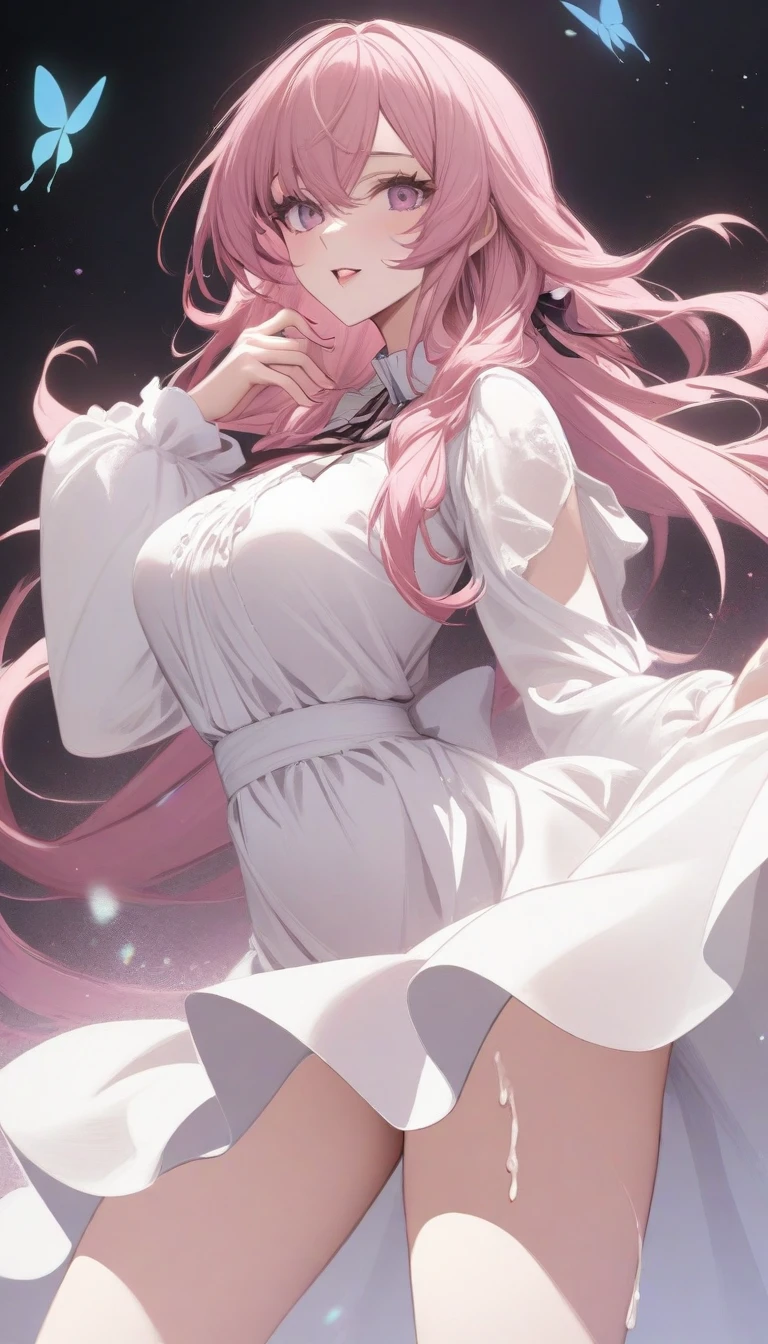 masterpiece, best quality, very aesthetic, absurdres, 1girl, mature_lady,white_dress,(cum_on_body:1.2),,gasai_yuno(mirai_nikki), 1girl, pink_hair, long_hair, low double ponytail,,in hell,luminous butterflies, fluttering butterflies,