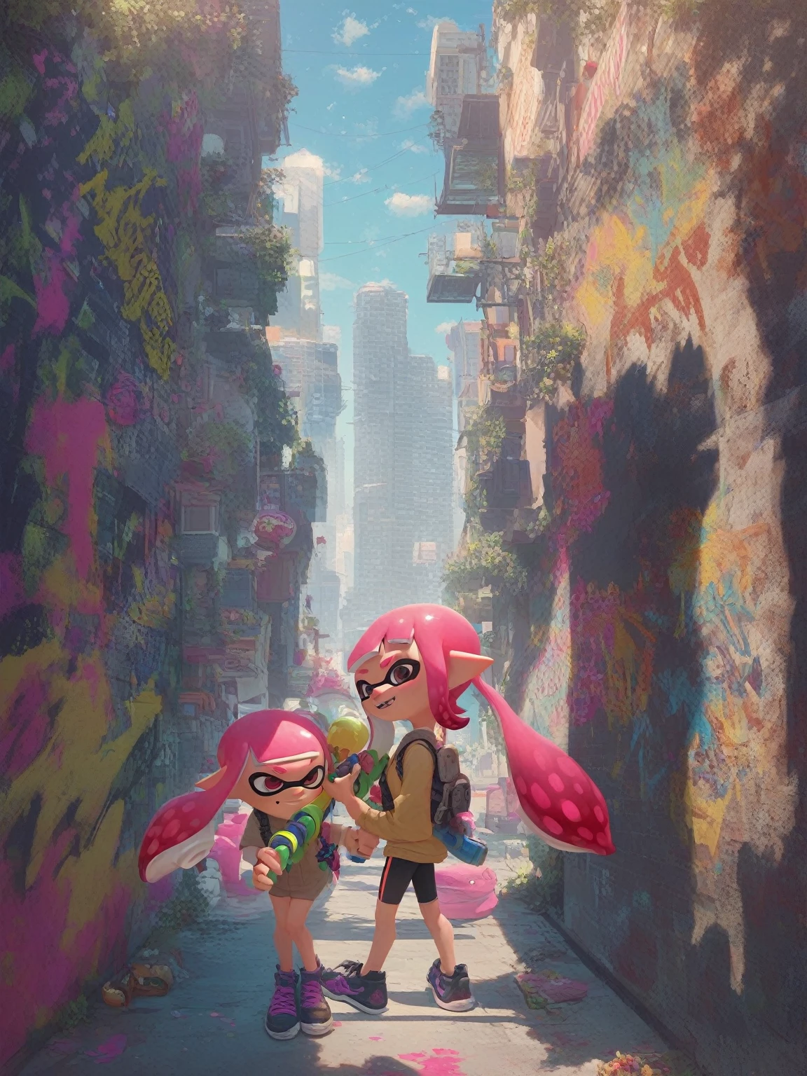 nsfw,score_9_up, score_8_up, 1girl, solo, splatoon inkling, tentacle hair, (holding toy gun, water gun), ink tank, backpack, urban alleyway, graffiti, amazing composition, incredible lighting, smiling, beautiful sunset, detailed background, 